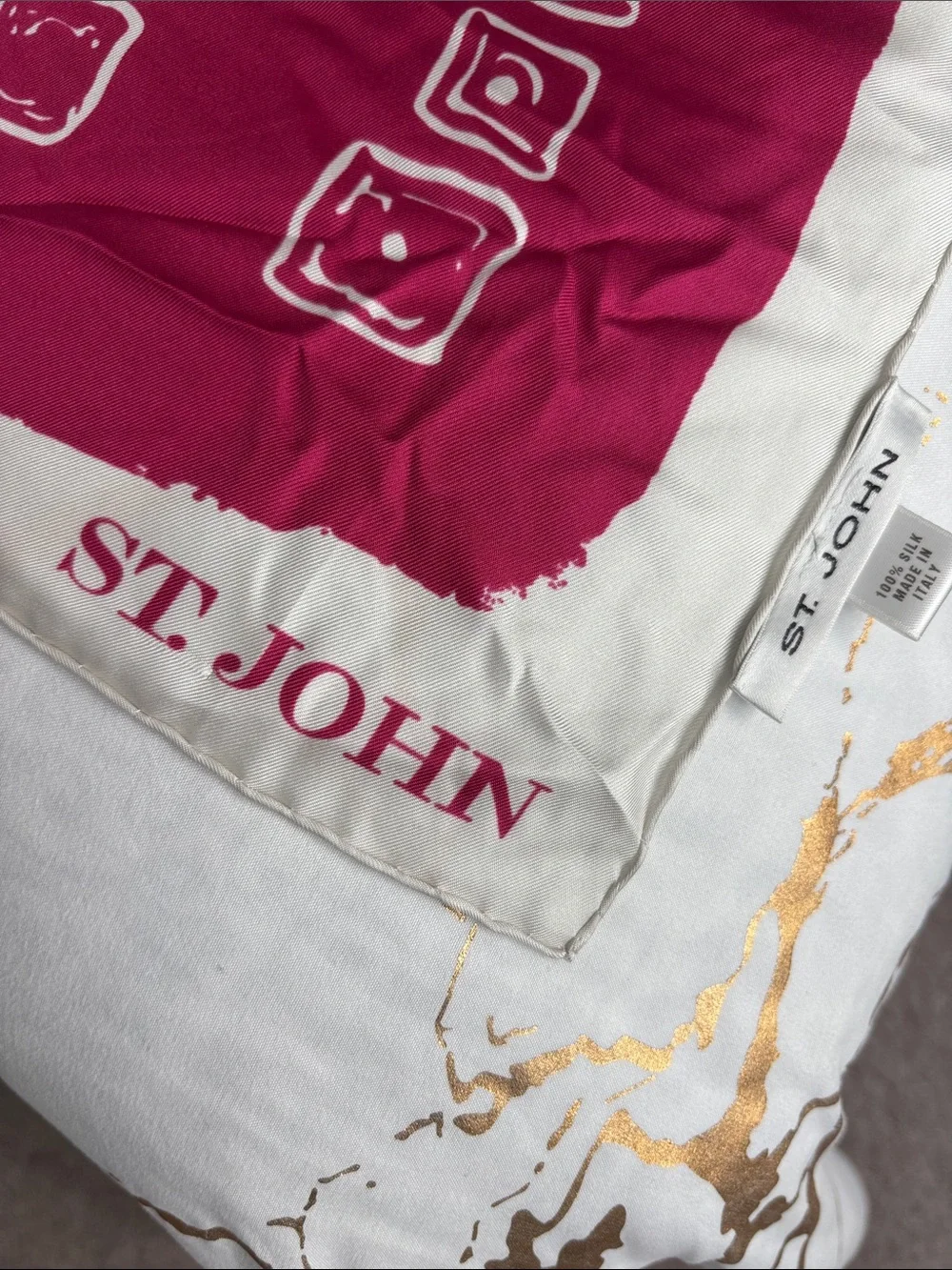 St. John Deep Magenta Silk Scarf with White Geometric Squares